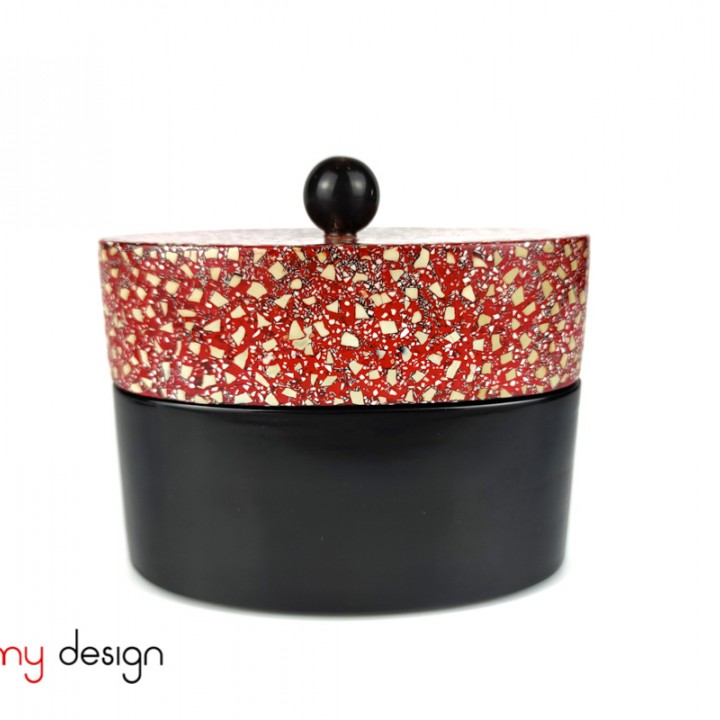 Oval black lacquer box with eggshell details, red cap/Size L